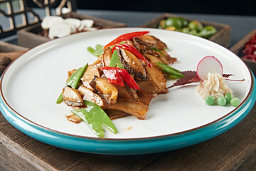 Braised Abalone with Snow Peas, Bell Peppers, King Oyster Mushrooms