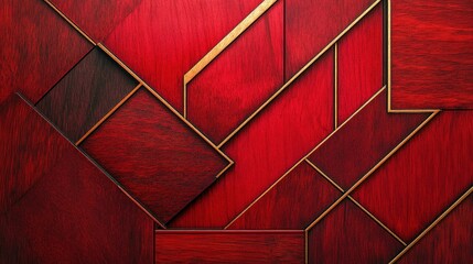 Geometric red wooden tiles with gold metallic line accents