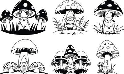 PrintCartoon fairytale mushroom house, maple and oak leaves, nuts, acorns, berries. Coloring book