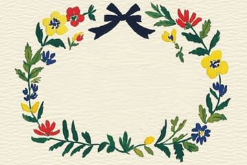 Fototapeta premium A decorative floral wreath featuring colorful flowers and greenery, designed with a navy bow, set against a light background.