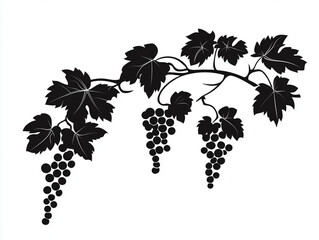 A black silhouette of a vine branch displaying clusters of grapes and leaves, ideal for artistic applications or thematic decor