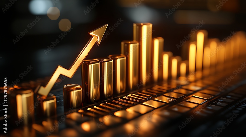 Poster golden bar chart symbolizing financial growth, a 3d rendering of a glowing golden bar chart with an 