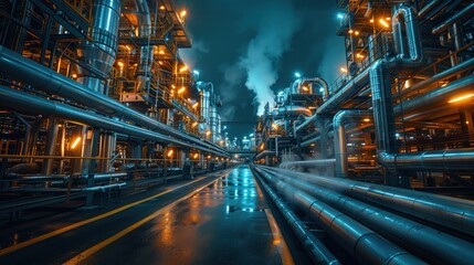 Night view of an industrial plant with illuminated pipelines and steam, showcasing intricate metalwork and modern infrastructure.