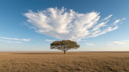 Solitary tree, pampas grassland, dramatic sky, peaceful landscape, nature background