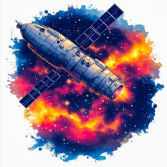 Fototapeta premium Colorful logo of a space satellite in the vast expanses of space. Print for the design of booklets, clothes
