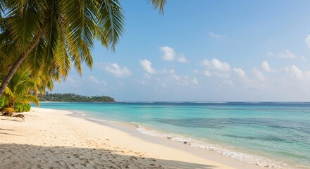 Obraz premium This coastal landscape features palm trees, a white sandy beach, and calm turquoise water under a clear blue sky, creating a perfect vacation scene