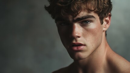 young man portrait serious expression freckles curly hair