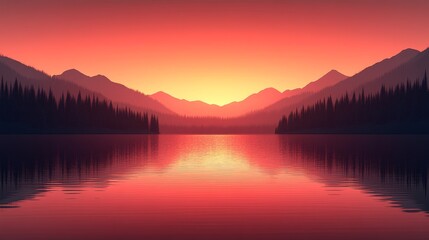 Fototapeta premium Pixelated mountain range over tranquil lake reflects fiery sunset hues evokes nature's captivating scenic charm in digital low resolution art