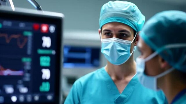 The image shows two medical workers in the operating room. They are wearing surgical suits and masks. One of them is looking at a monitor that shows the patient's vital signs. - Powered by Adobe