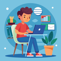 a boy is using his laptop vector