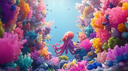Vibrant Octopus Among Colorful Coral Reefs