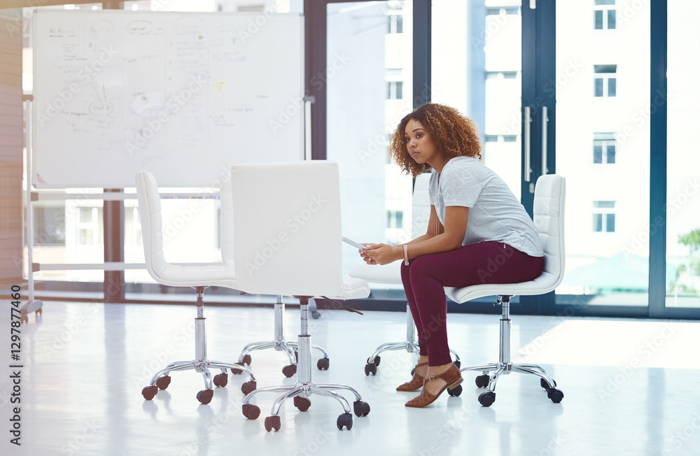 Poster Business, tablet and woman in office, thinking and connection with network, internet and decision. Problem solving, journalist and employee with idea, tech and social media with digital app or choice