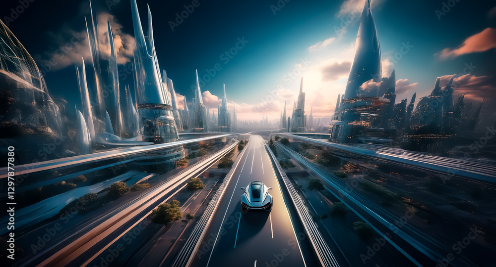 Poster futuristic cityscape with sleek vehicle speeding on a highway towards towering structures under a br