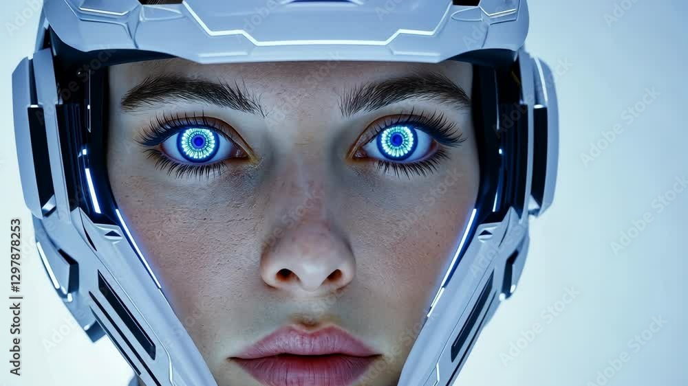 Poster futuristic humanoid robot with glowing eyes and sleek helmet showcasing advanced cybernetic technolo