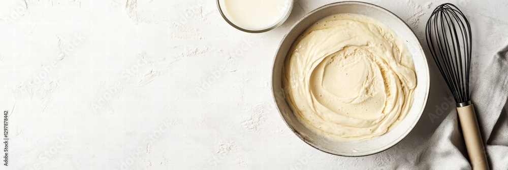 Poster baker mixes smooth cream in a bowl beside a glass of milk and a whisk on a white countertop. generat