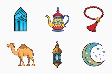 Islamic festival and traditional vector elements set in colorful flat isolated illustration for ramadan and eid