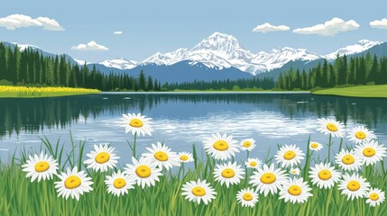 Picturesque lakeside scene with blooming daisies alpine backdrop serene mountain vista capturing nature's pristine beauty