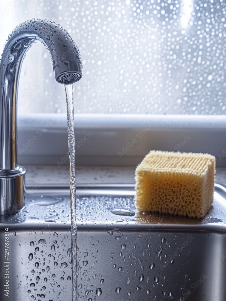 Poster water flows from a shiny faucet onto a stainless steel sink with a sponge resting beside it in a wel