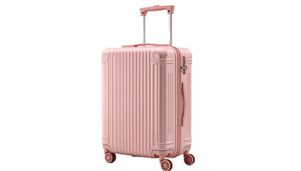 Front view of pink suitcase with the handle raised for travel with wheels isolated on white background.PNG