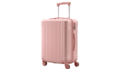 Front view of pink suitcase with the handle raised for travel with wheels isolated on white background.PNG