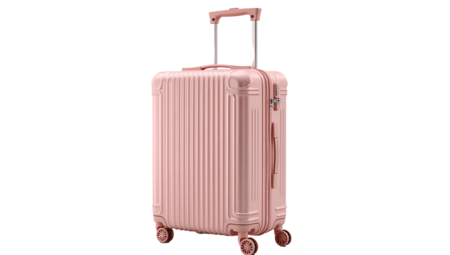 Front view of pink suitcase with the handle raised for travel with wheels isolated on white background.PNG