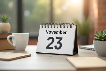 A calendar page flipping to November 23, set in a cozy desk scene.