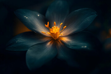 Elegant close-up of a dark flower with vibrant yellow stamen on dark background