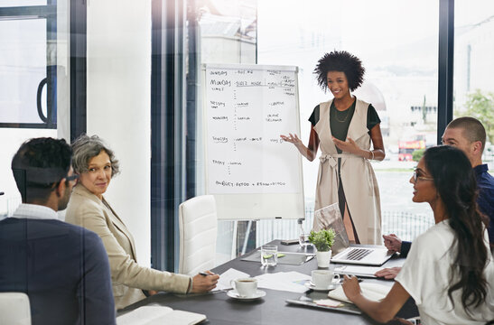 Business, woman and explain presentation in boardroom for schedule update, daily planner and brainstorming. People, discussion and ideas for agenda, reminder notes and work tasks for financial budget