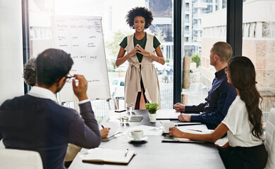 Corporate, woman and explain meeting in office of schedule update, daily planner and brainstorming. People, talk and presentation for agenda feedback, reminder notes and tasks ideas of finance budget