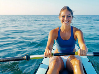 A woman rows her kayak joyfully in sunlit waters, showcasing her enthusiasm and connection to nature, with a vibrant smile