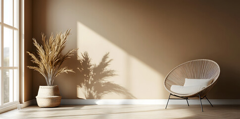 Serene room with a wicker chair bathed in sunlight, complemented by a dried pampas grass arrangement.