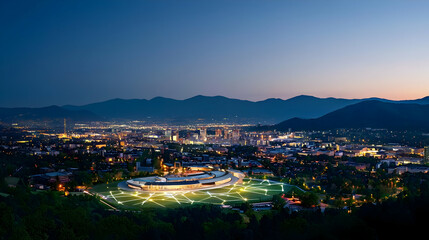 Fototapeta premium City Lights Illuminate A Metropolitan Landscape At Night Under A Deep Blue Sky