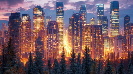 Obraz premium Luminous Cityscape at Twilight A Captivating Urban Panorama Embracing Nature and Modernity in a Symphony of Light and Shadow