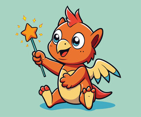 Baby bird griffin playing with a magic wand vector design