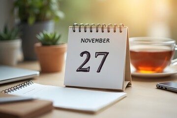 A calendar page flipping to November 27, set in a cozy desk scene.
