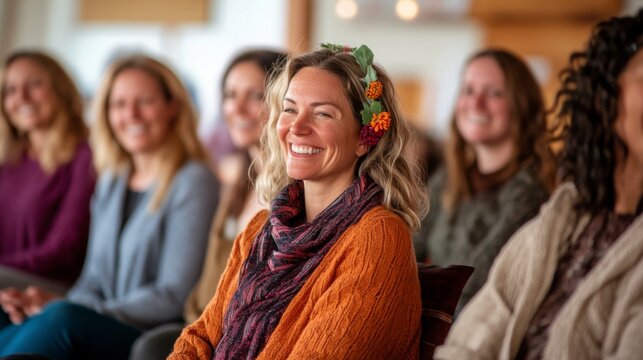 Radiant Smiles: A group of diverse women exude joy and connection, their faces illuminated by genuine smiles as they come together in a space that fosters warmth and inclusivity