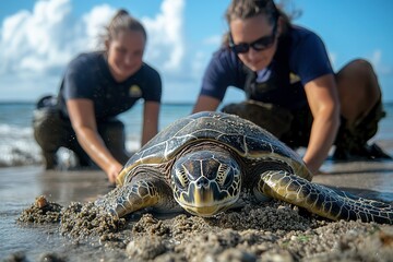 Conservationists Tag a Sea Turtle on a Remote Beach With the Ocean in the Background. Generative AI