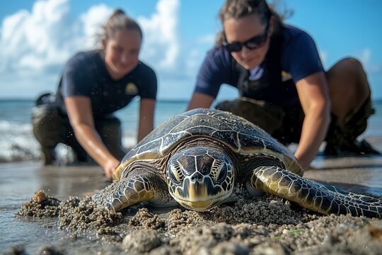 Conservationists Tag a Sea Turtle on a Remote Beach With the Ocean in the Background. Generative AI