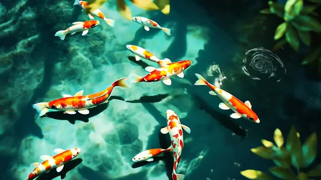 Colorful koi fish swimming gracefully in a serene pond surrounded by lush greenery