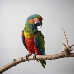 Obraz premium A majestic parrot with vibrant feathers, perched on a branch against a pure white background.
