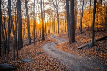 Obraz premium Serene Curved Pathway Through Autumn Woods at Sunset Glow