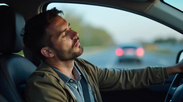 A man drives on an open road at the end of the day and falls asleep, creating a dangerous situation on the road
