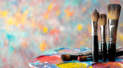 Obraz premium Close Up Of Paintbrushes And Palette With Colorful Paint Splatters