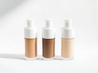 A collection of three foundation bottles in varying shades, arranged neatly in a row on a white background, with soft diffused lighting highlighting the color variations and sleek packaging.