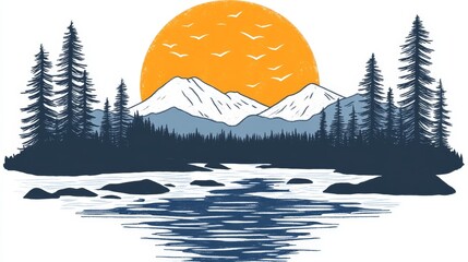 Pixelated sunrise landscape reflection illustration evoking nostalgic digital art with mountain range and serene nature backdrop