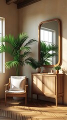 Minimalist wooden furniture in a bright, sunlit interior with a cozy armchair, large mirror, and green plant. Stylish modern home decor with natural materials and warm tones.

