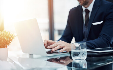 Finance, hands or businessman with typing on laptop for tax plan development, email response or...