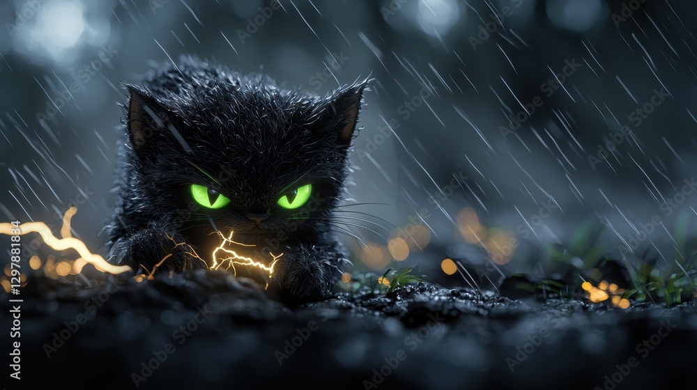 Poster a mischievous cartoon imp with glowing green eyes, conjuring bolts of lightning from its tiny hands,