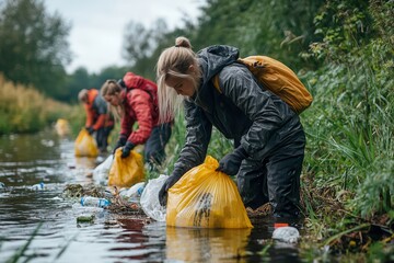 Volunteers Clean Riverbank by Collecting Plastic Waste Into Bags During Community Event. Generative AI