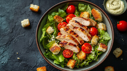  grilled chicken caesar salad with tomatoes and croutons eat food meal diet lunch tasty